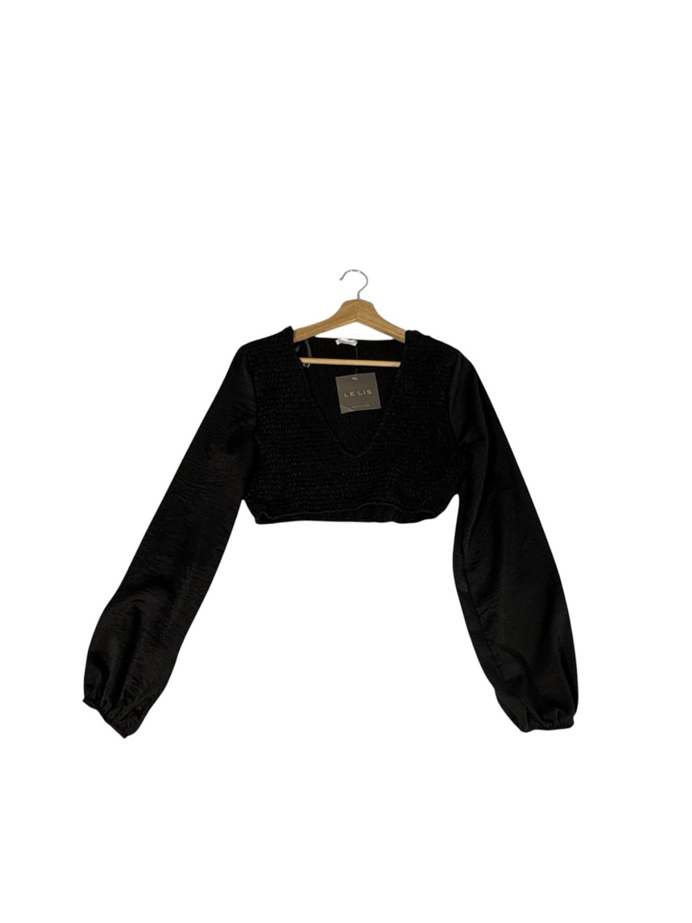 Lelis Smocked Crop Peasant Top Womens Small Black  Whimsigoth Bubble Sleeve NWT